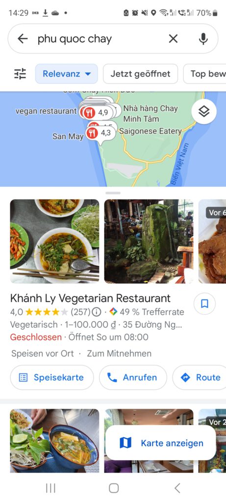 Screenshot der Suche nach vegetarischen Restaurants mit Google Maps