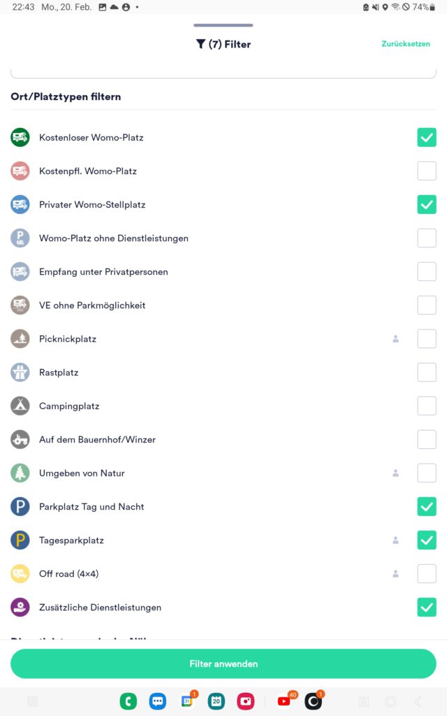 Filtermöglichkeiten für Nutzer der kostenlosen Park4Night-App: Filtern nach Ort/Platztypen