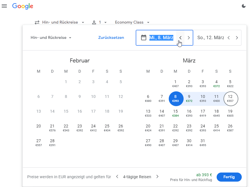 Google Flüge preiswertestes Datum
